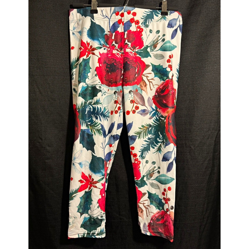 Womens M Christmas Floral Leggings Red Green Roses Holly Holiday Stretch Pants